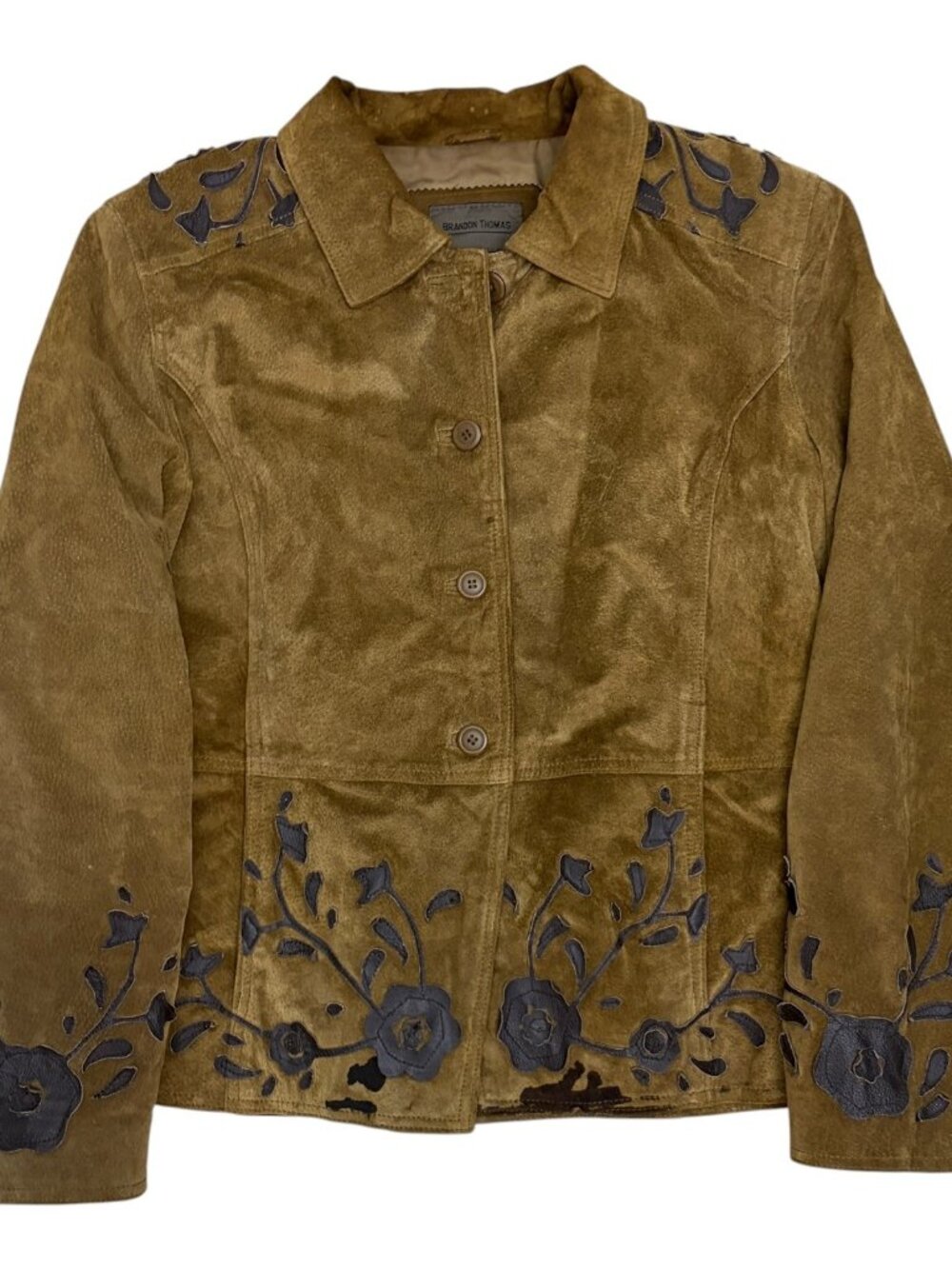 BRANDON THOMAS LEATHER Jacket Floral SUEDE Brown Coat Womens Large